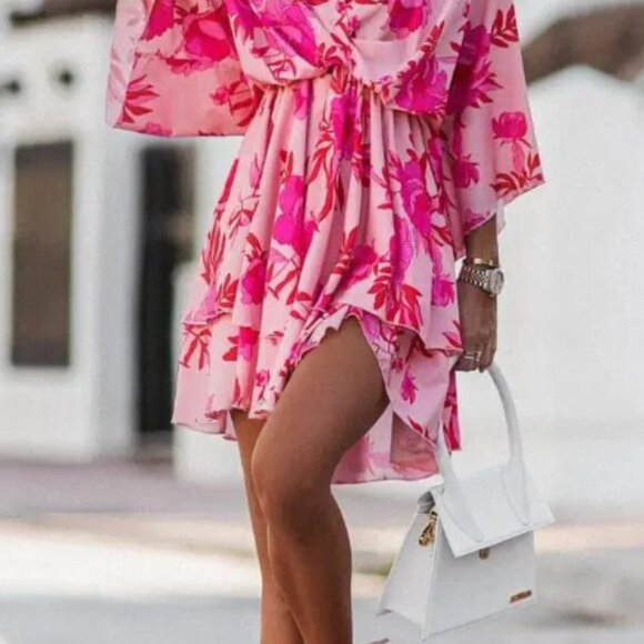 Boho Floral Ruffle Pink Mini Dress (SM) - Picture 2 of 8